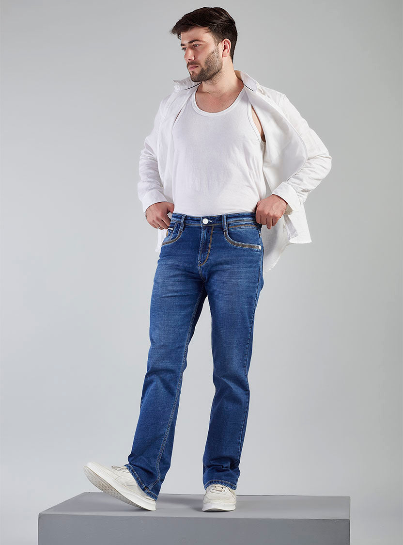 Mid Blue Straight Fit Denim Jeans for Men