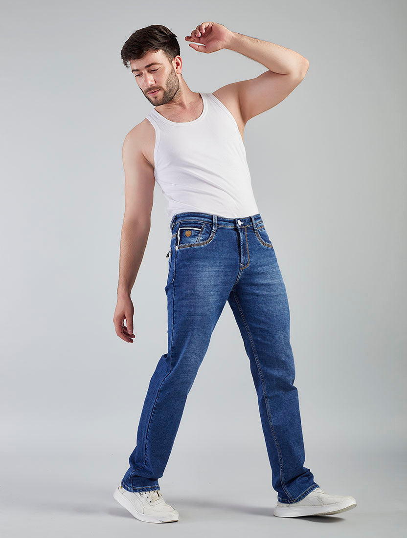 Mid Blue Straight Fit Denim Jeans for Men