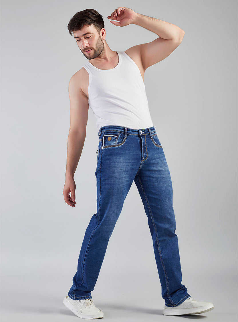 Mid Blue Straight Fit Denim Jeans for Men
