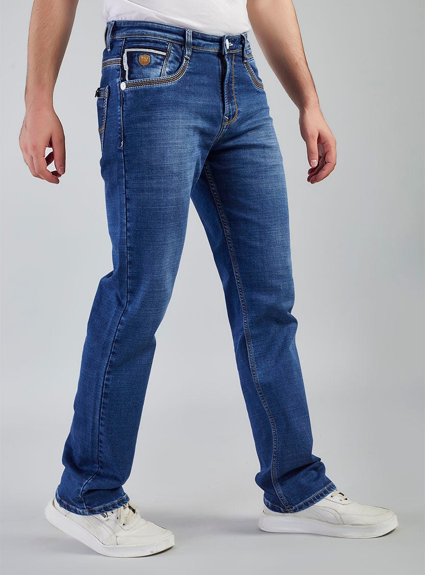Mid Blue Straight Fit Denim Jeans for Men