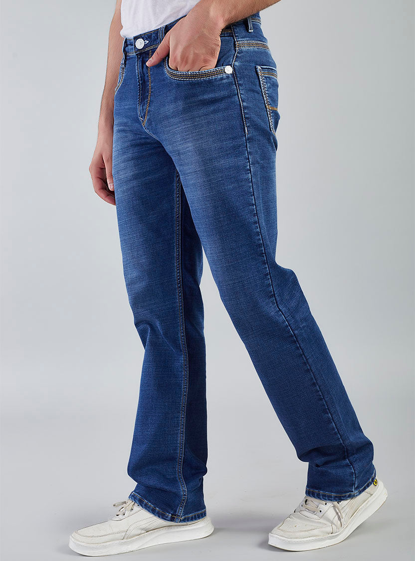 Mid Blue Straight Fit Denim Jeans for Men