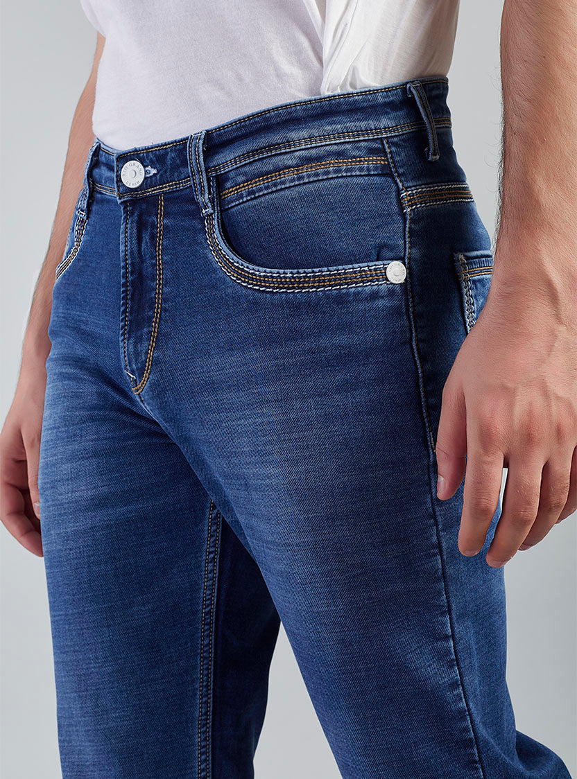 Mid Blue Straight Fit Denim Jeans for Men