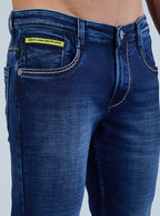 Smart Slim Fit Mid Indigo Blue Contrast Denim Jeans for Men
