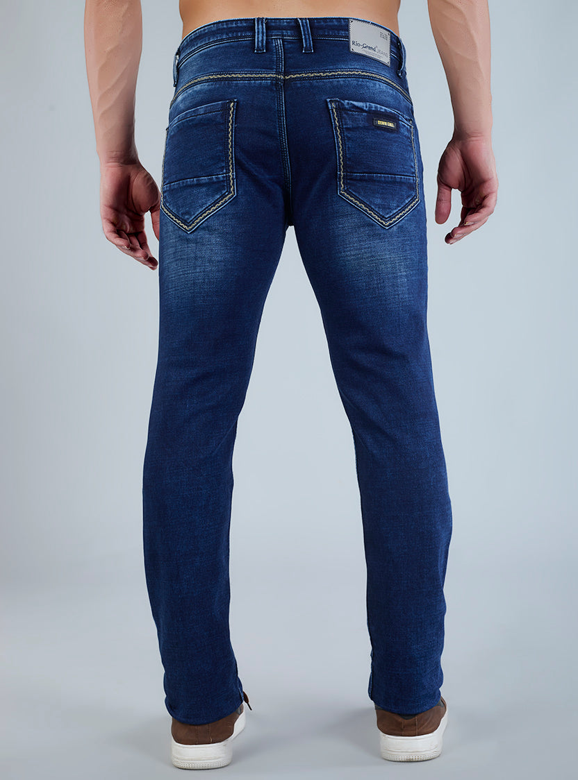 Smart Slim Fit Mid Indigo Blue Contrast Denim Jeans for Men