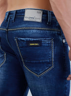 Smart Slim Fit Mid Indigo Blue Contrast Denim Jeans for Men