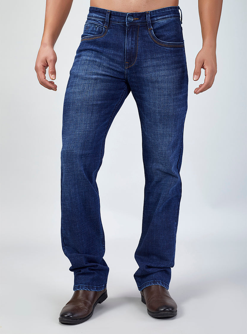 Mid Blue Contrast Straight Fit Denim Jeans for Men