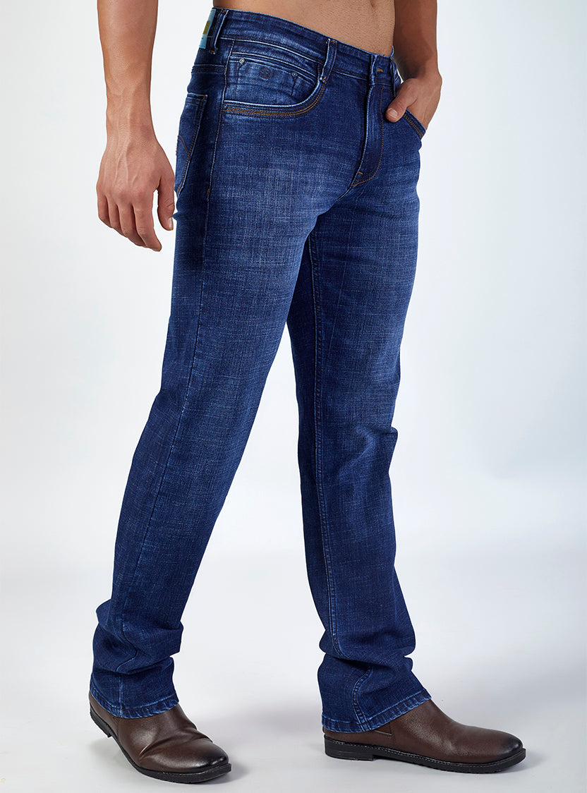 Mid Blue Contrast Straight Fit Denim Jeans for Men