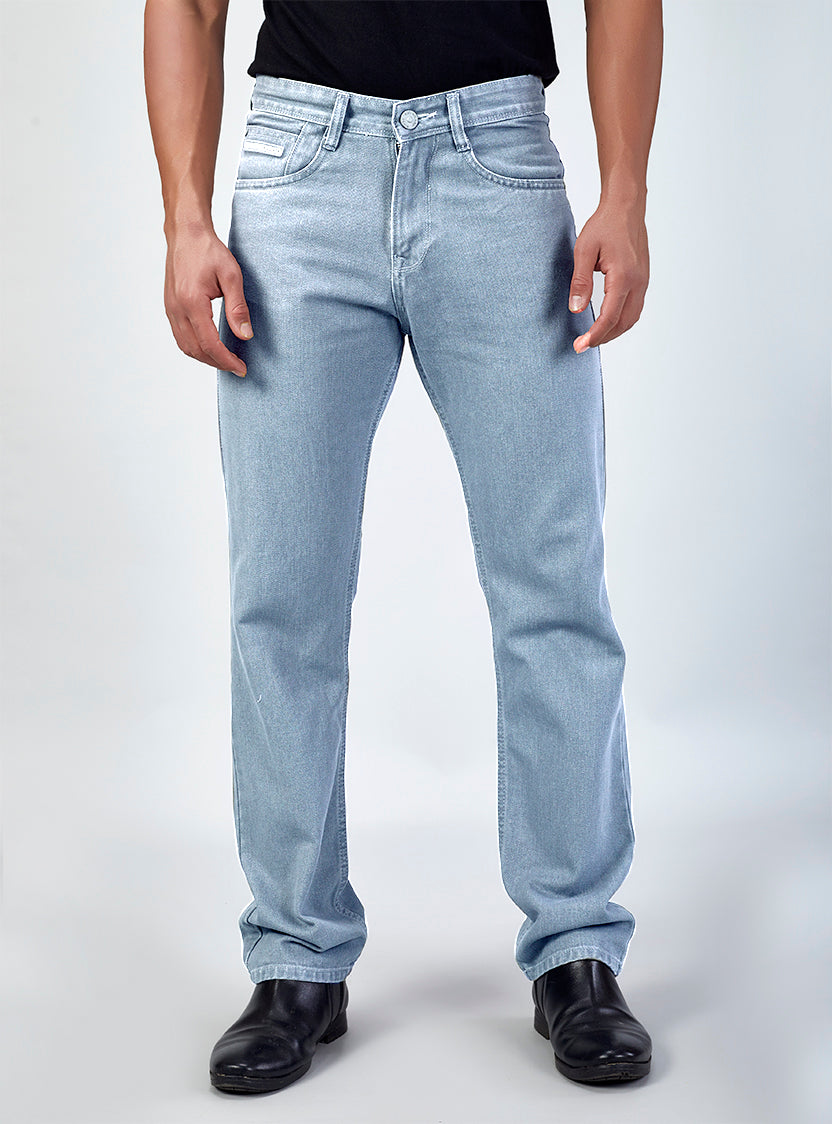 Front view of men's light blue straight-fit denim jeans