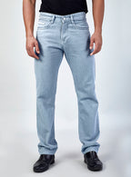 Front view of men's light blue straight-fit denim jeans