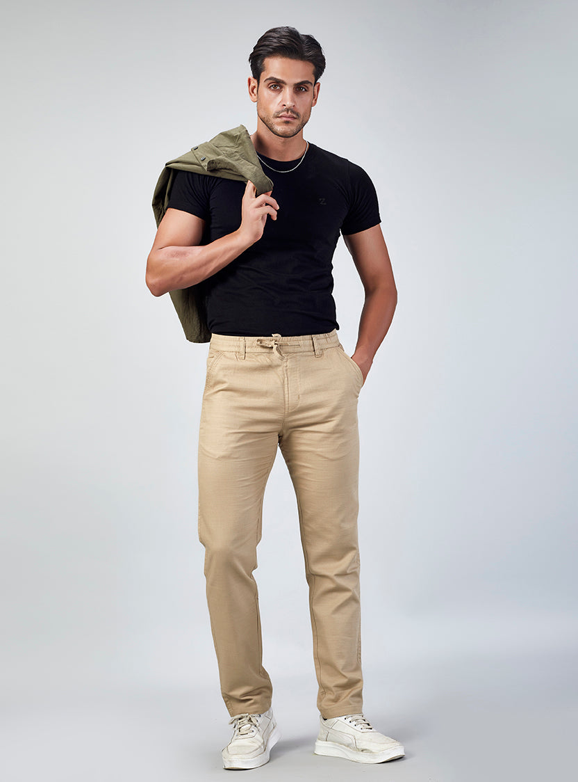 Beige Casual Linen Trousers for Men