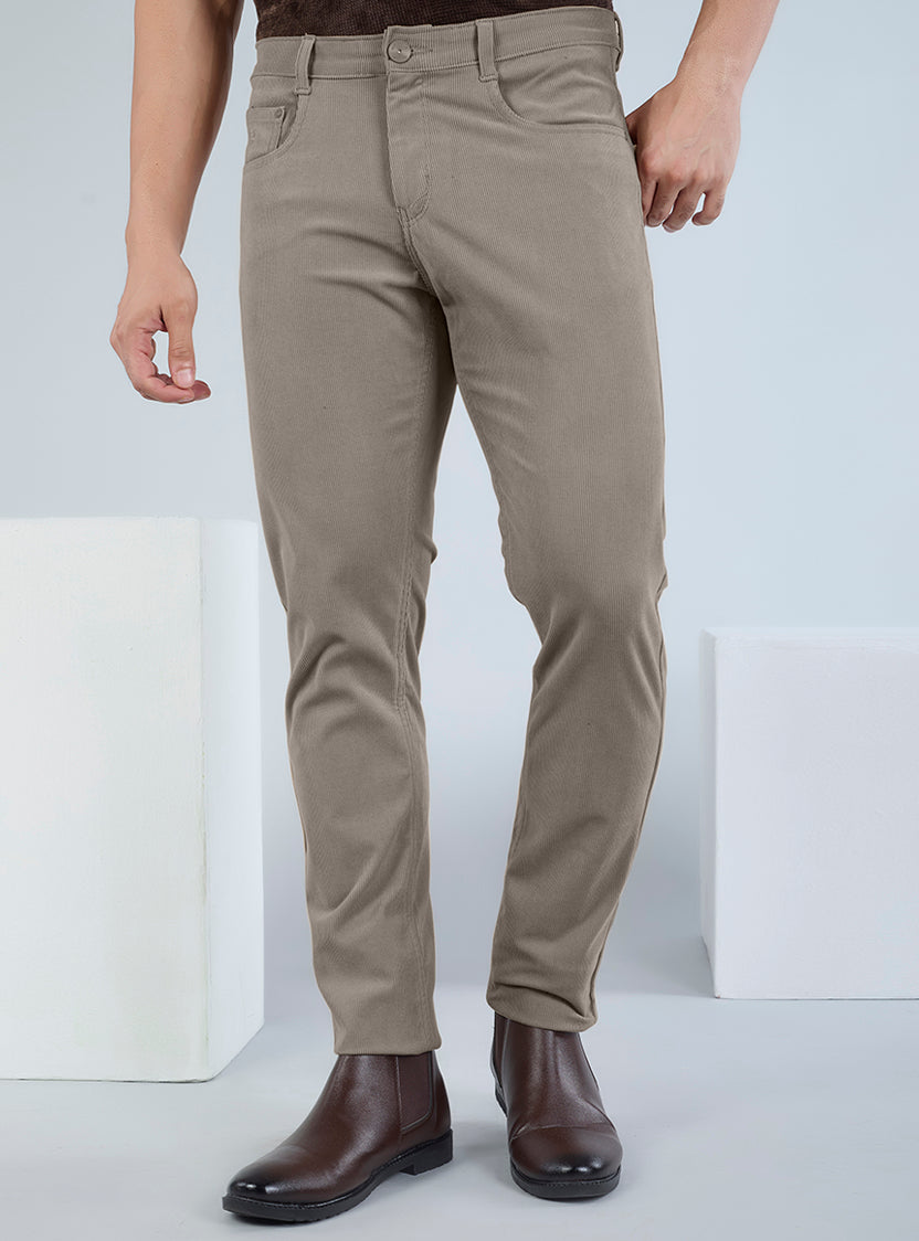 Slim Fit Taupe Brown Corduroy Pants for Men