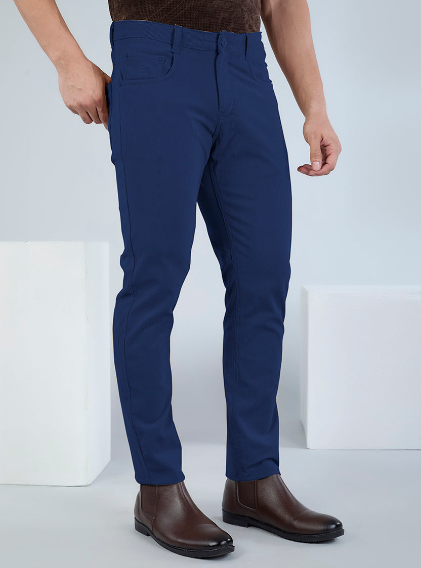 Slim Fit Mid Blue Corduroy Pants for Men