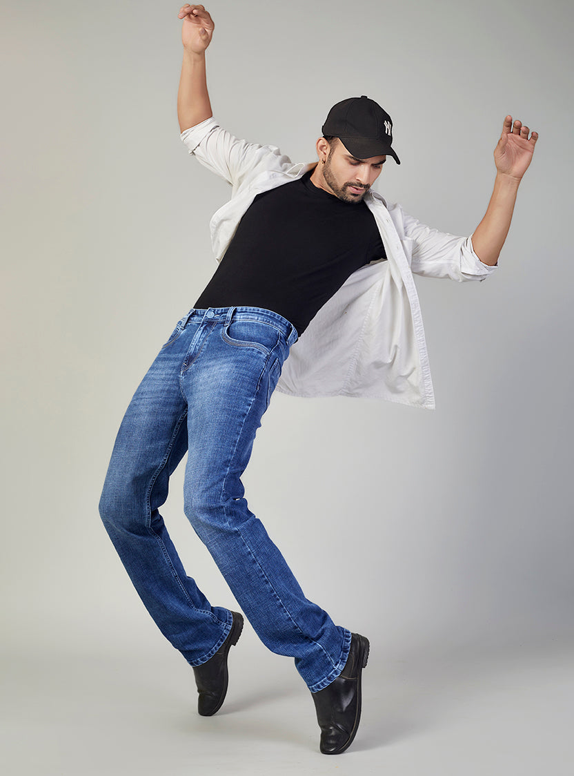 Mid Blue Straight Fit Denim Jeans for Men