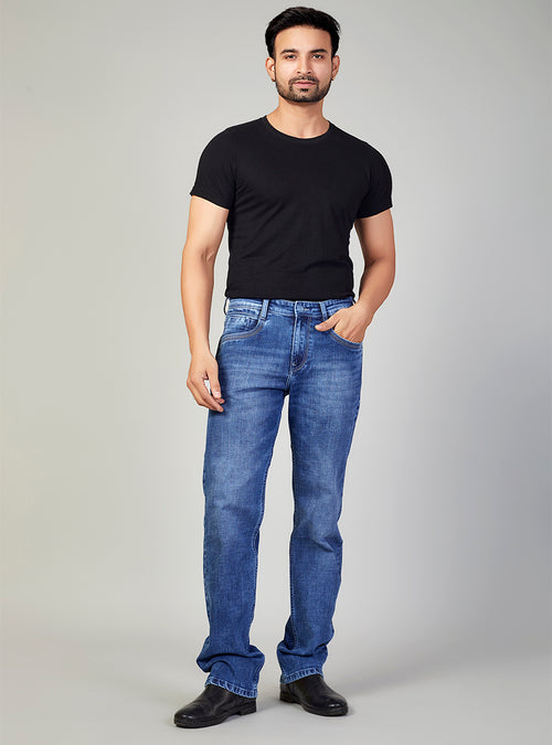 Mid Blue Straight Fit Denim Jeans for Men