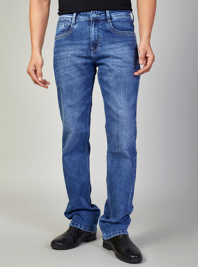 Mid Blue Straight Fit Denim Jeans for Men