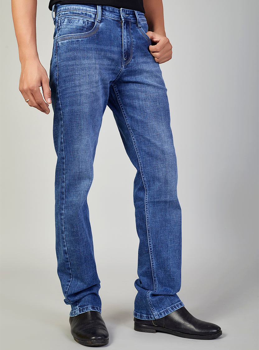 Mid Blue Straight Fit Denim Jeans for Men
