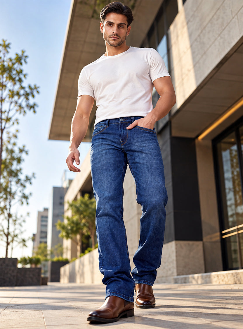 Mid Blue Contrast Straight Fit Denim Jeans for Men