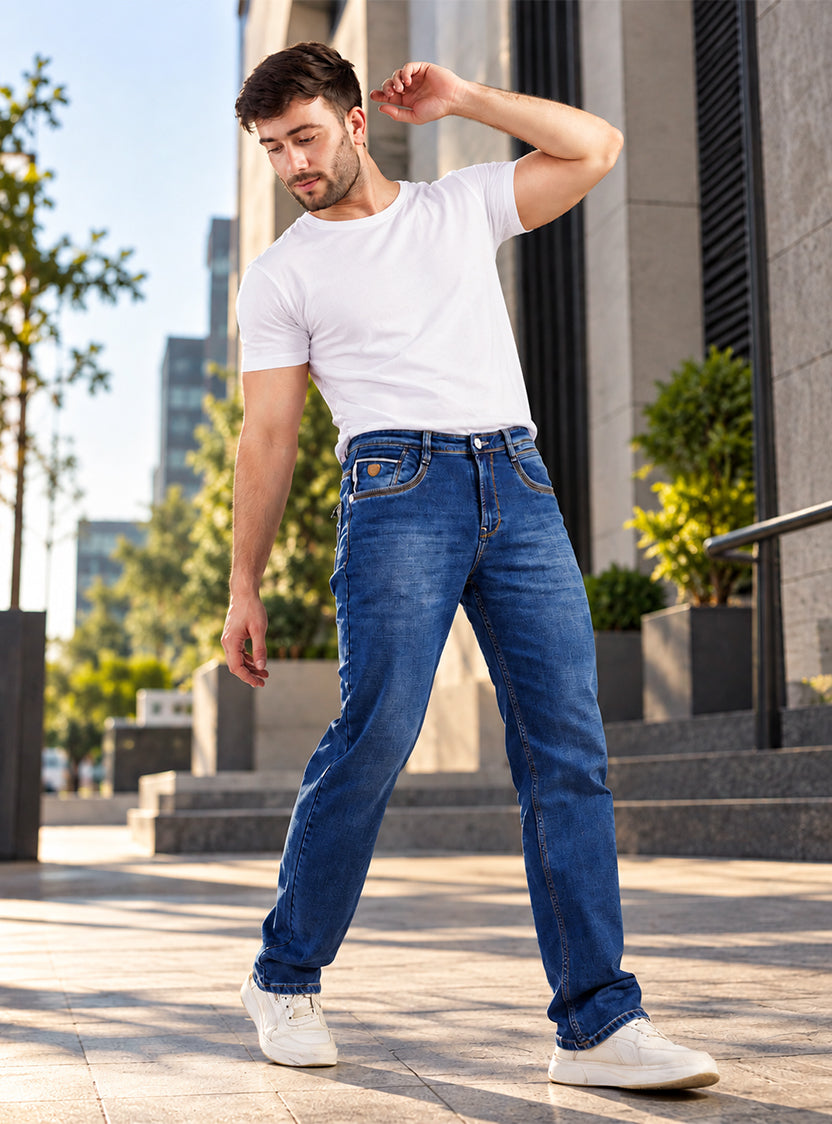 Mid Blue Straight Fit Denim Jeans for Men