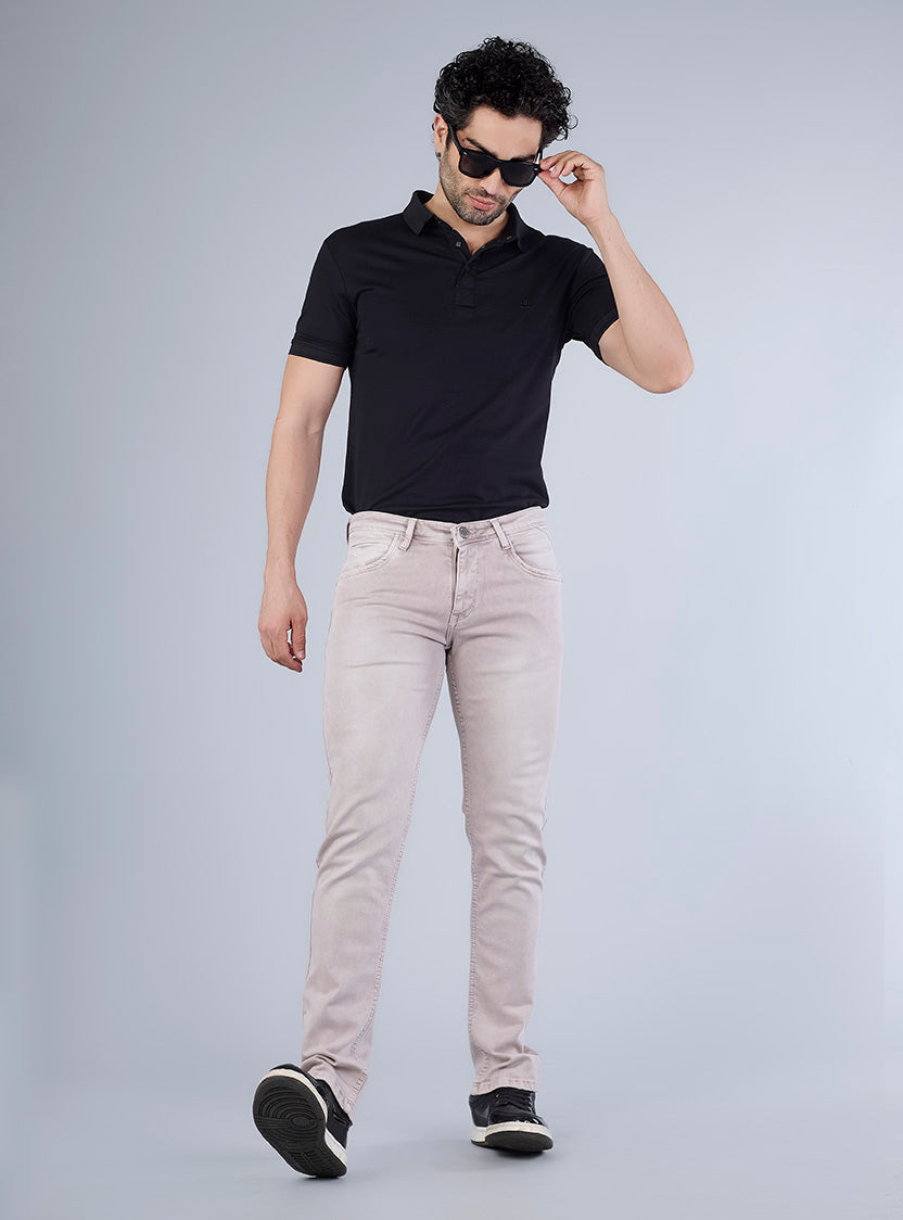 Smart Slim Fit Light Beige Washed Denim Jeans for Men